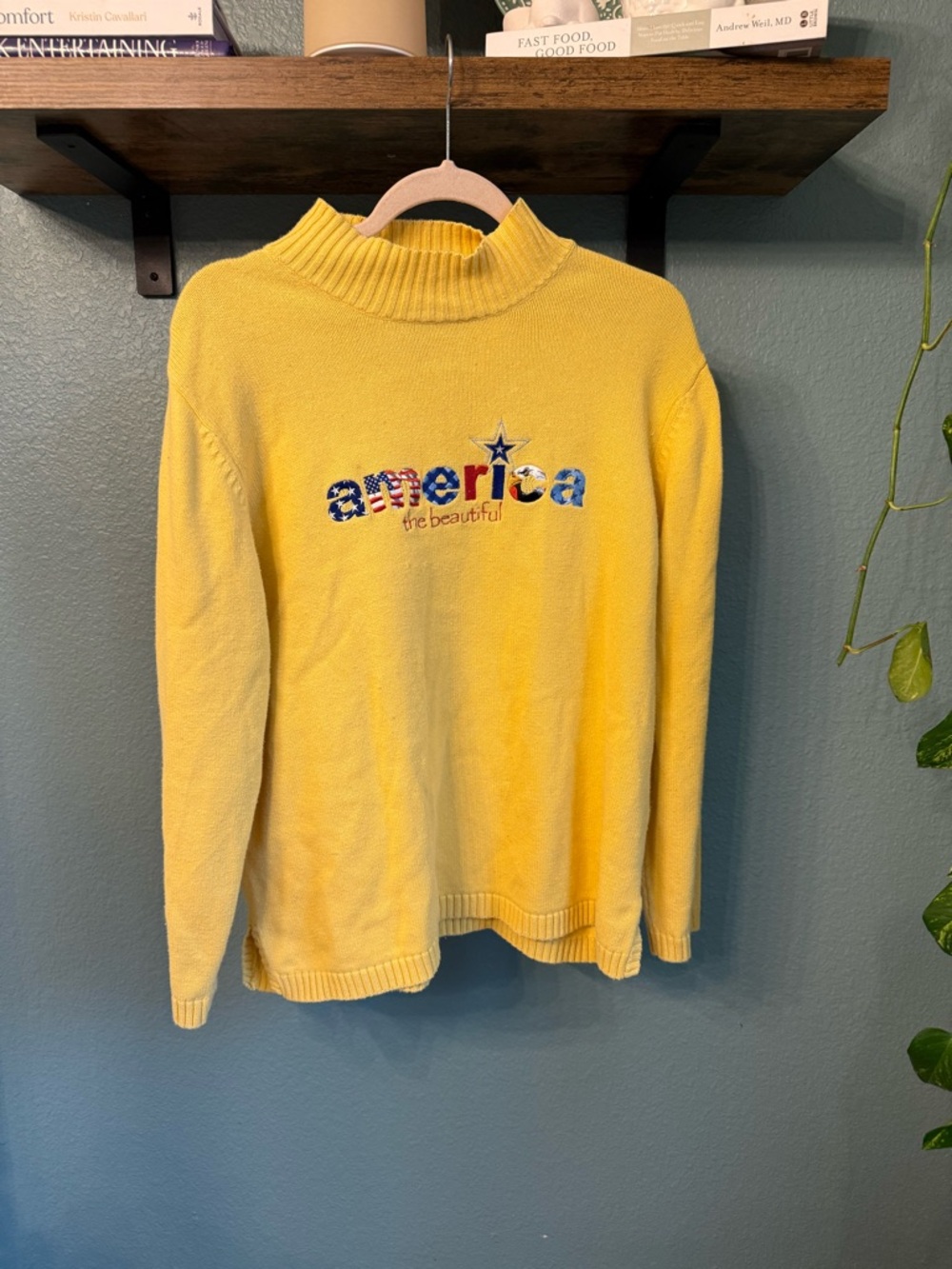 Vintage America The Beautiful Sweater Yellow Mock Neck USA Eagle XL July 4th